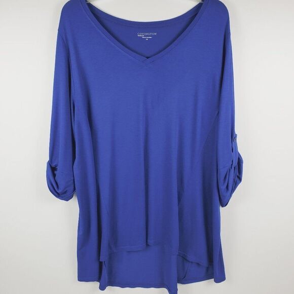 Unbranded Tops - Covington Woman Cobalt Blue High-Low V-Neck 3/4 Button Strap Sleeves Sz 2X